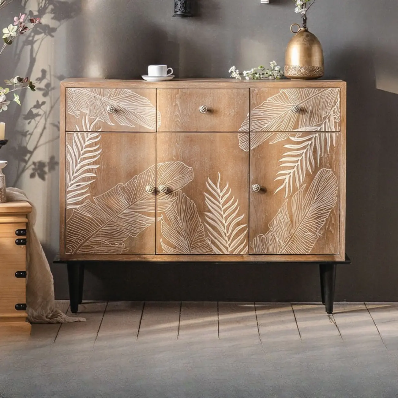 Oriental Brown Wooden Sideboard with Leaf Carving Image - 3 | homeyfad