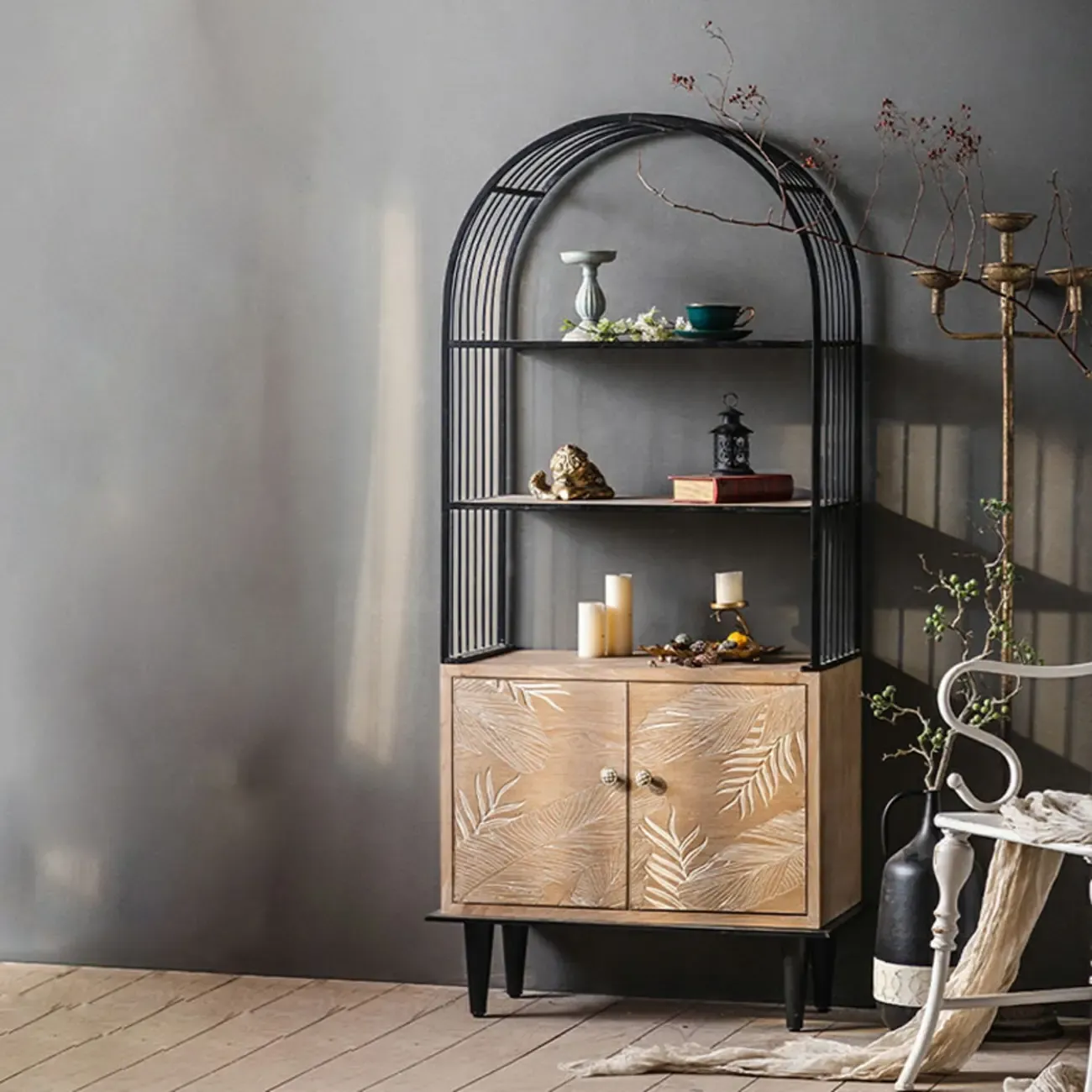 Oriental Brown Wooden Sideboard with Leaf Carving Image - 4