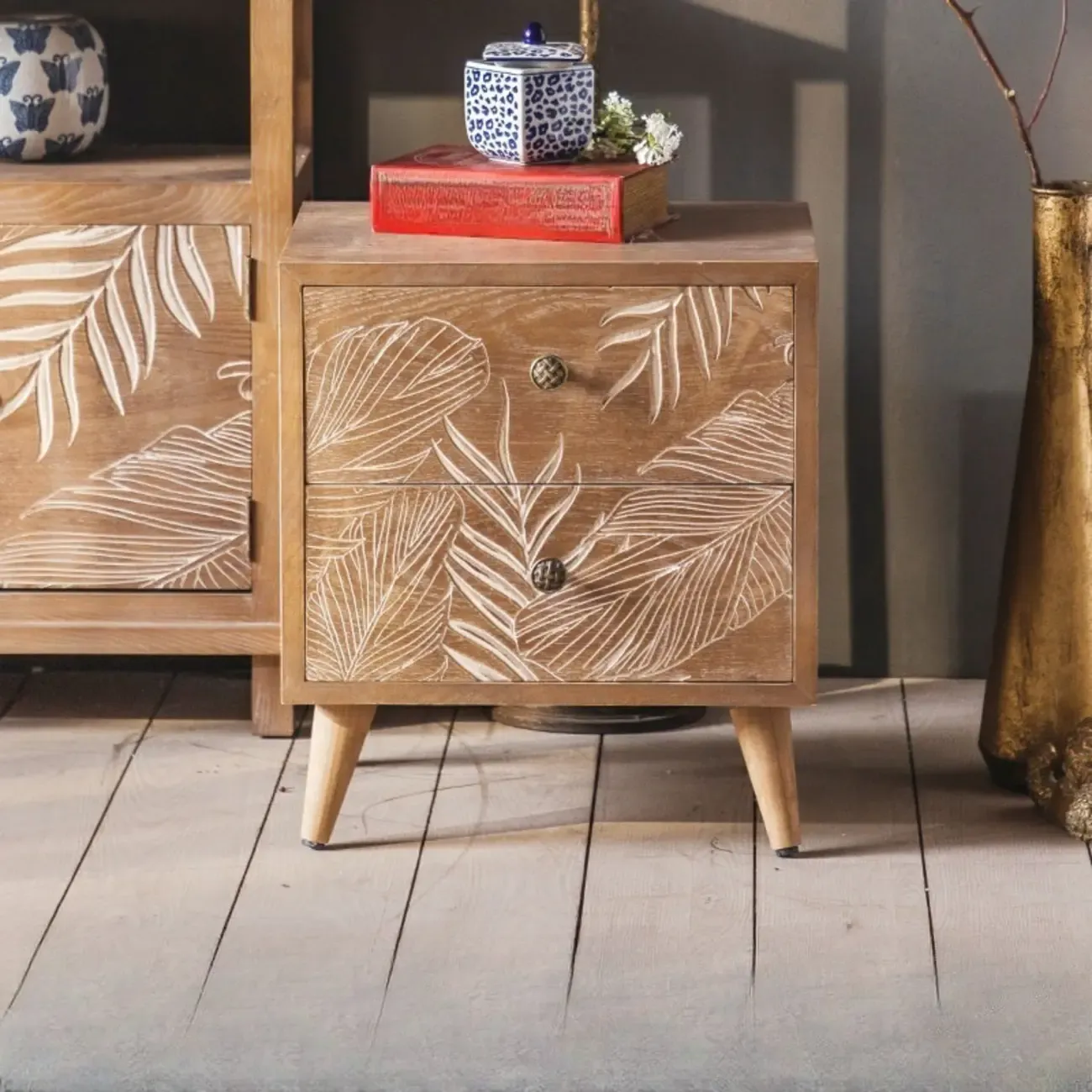 Oriental Brown Wooden Sideboard with Leaf Carving Image - 7