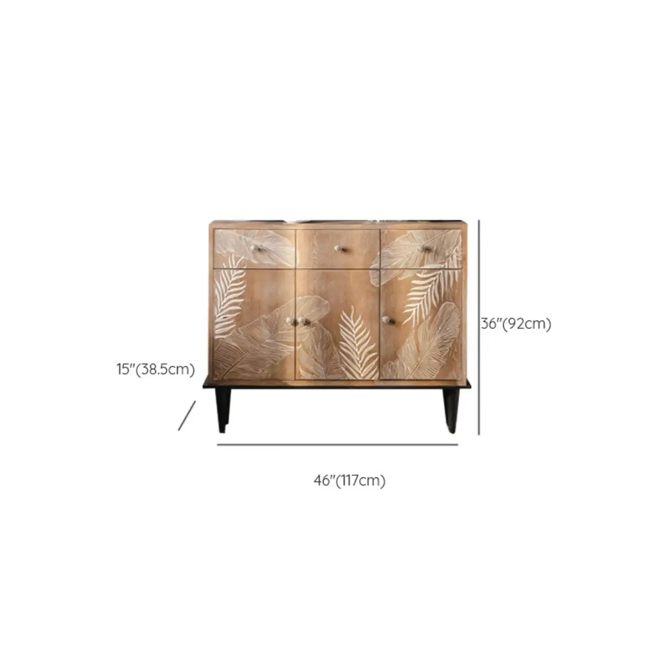 Oriental Brown Wooden Sideboard with Leaf Carving Image - 16