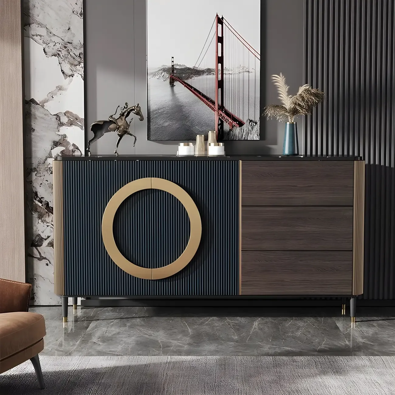 Glam Espresso Wood Buffet Table with Drawers & Cabinets Image - 1