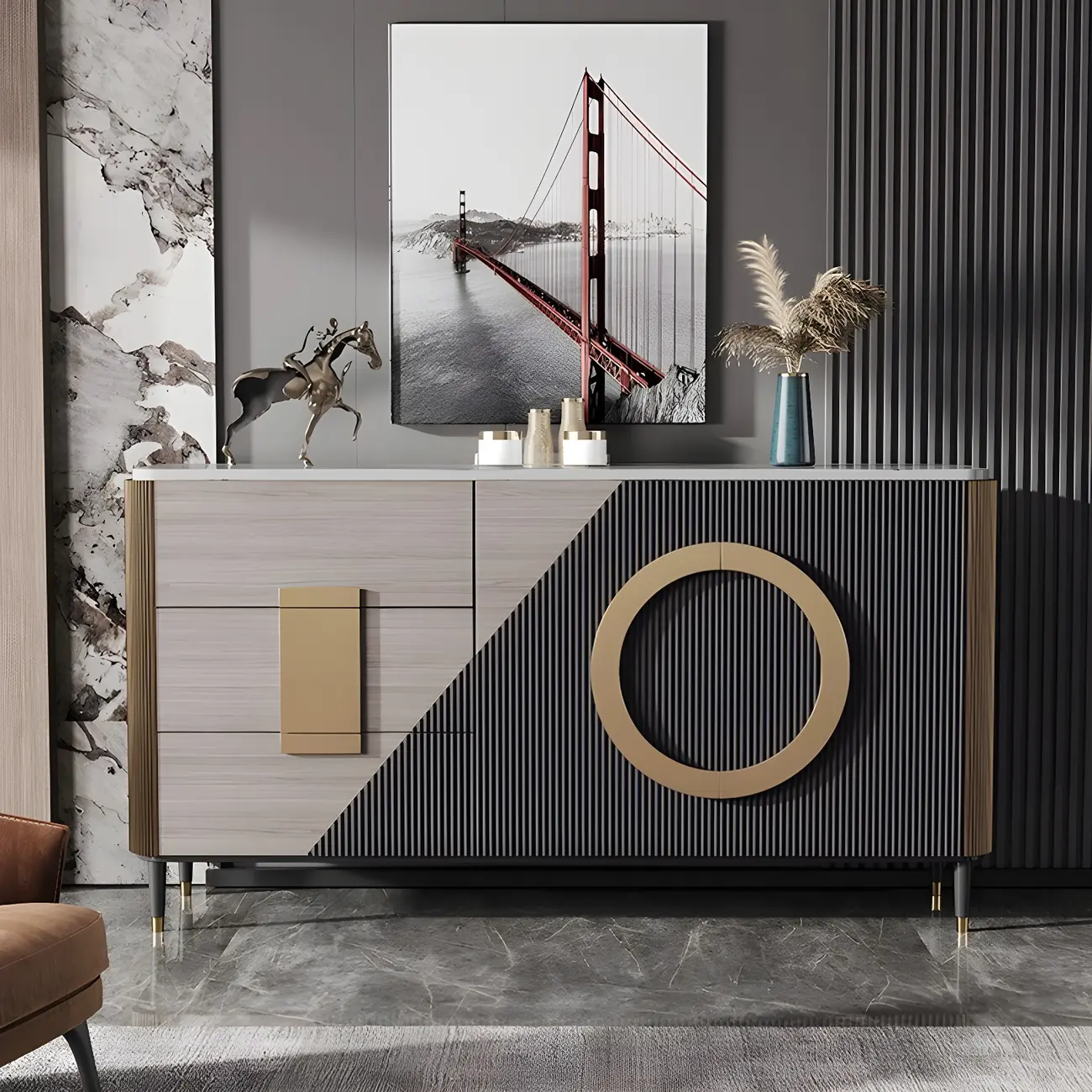 Glam Espresso Wood Buffet Table with Drawers & Cabinets Image - 6 | homeyfad