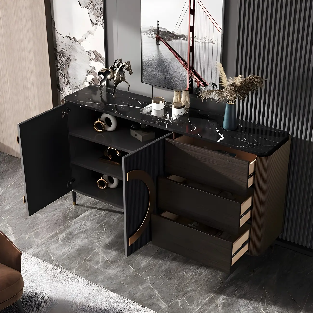 Glam Espresso Wood Buffet Table with Drawers & Cabinets Image - 8 | homeyfad