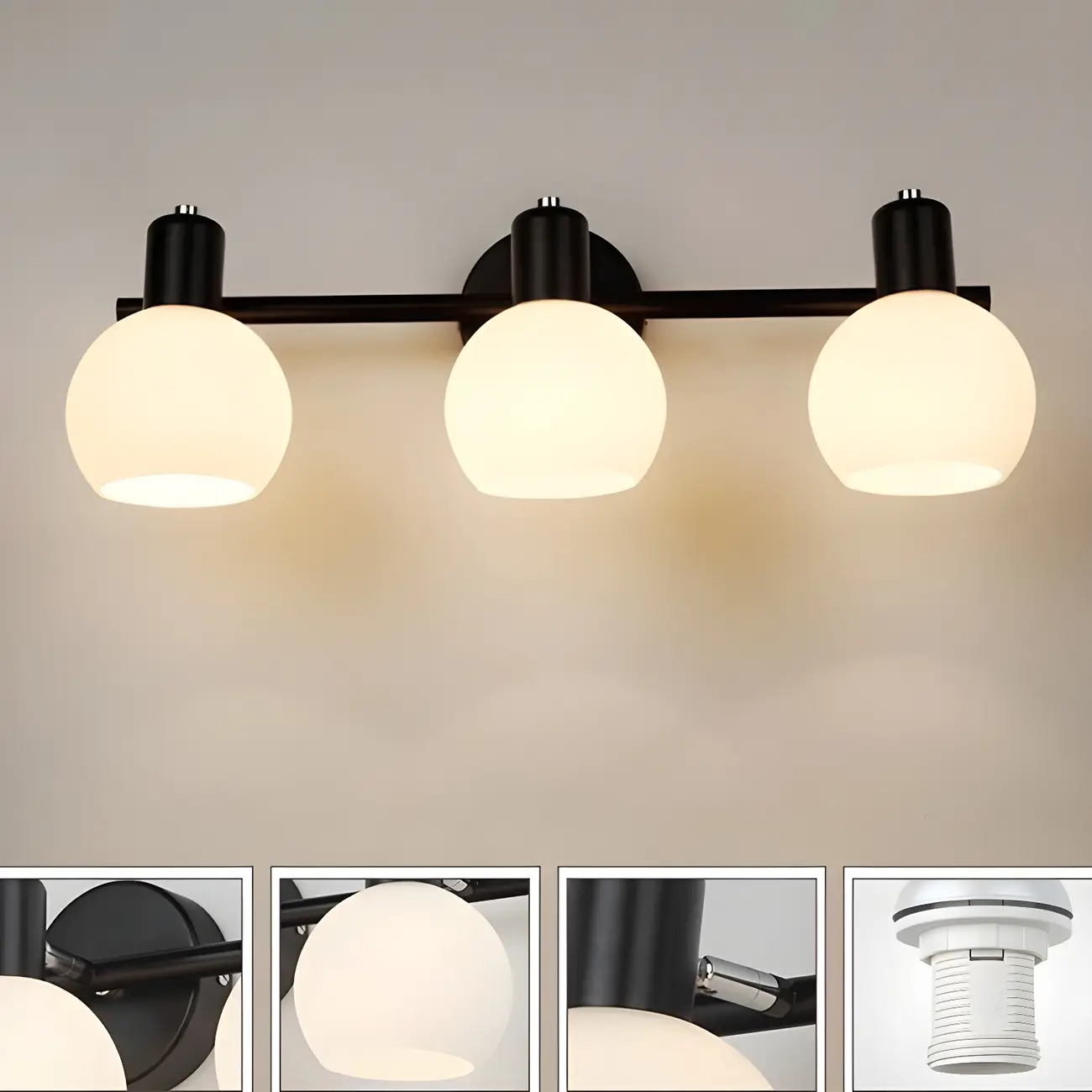 Modern 3 Heads Black Vanity Lights with White Glass Shade for Bathrooms Image - 6 | homeyfad