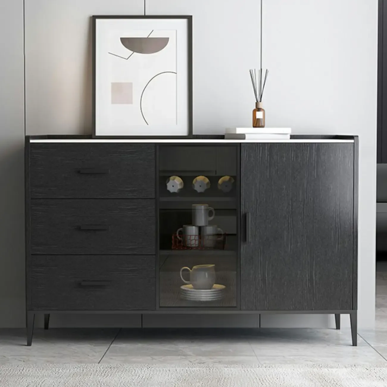 Modern Wooden Sideboard with Cabinets & Wine Rack Image - 2