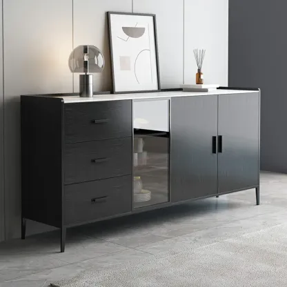 Modern Wooden Sideboard with Cabinets & Wine Rack Image - 3