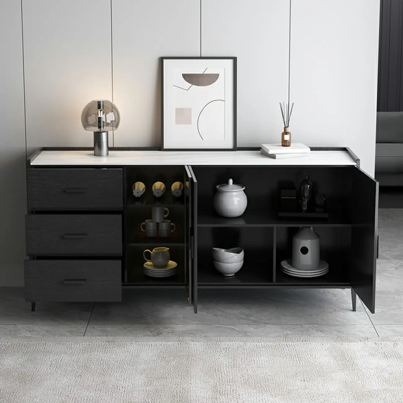 Modern Wooden Sideboard with Cabinets & Wine Rack Image - 4 | homeyfad
