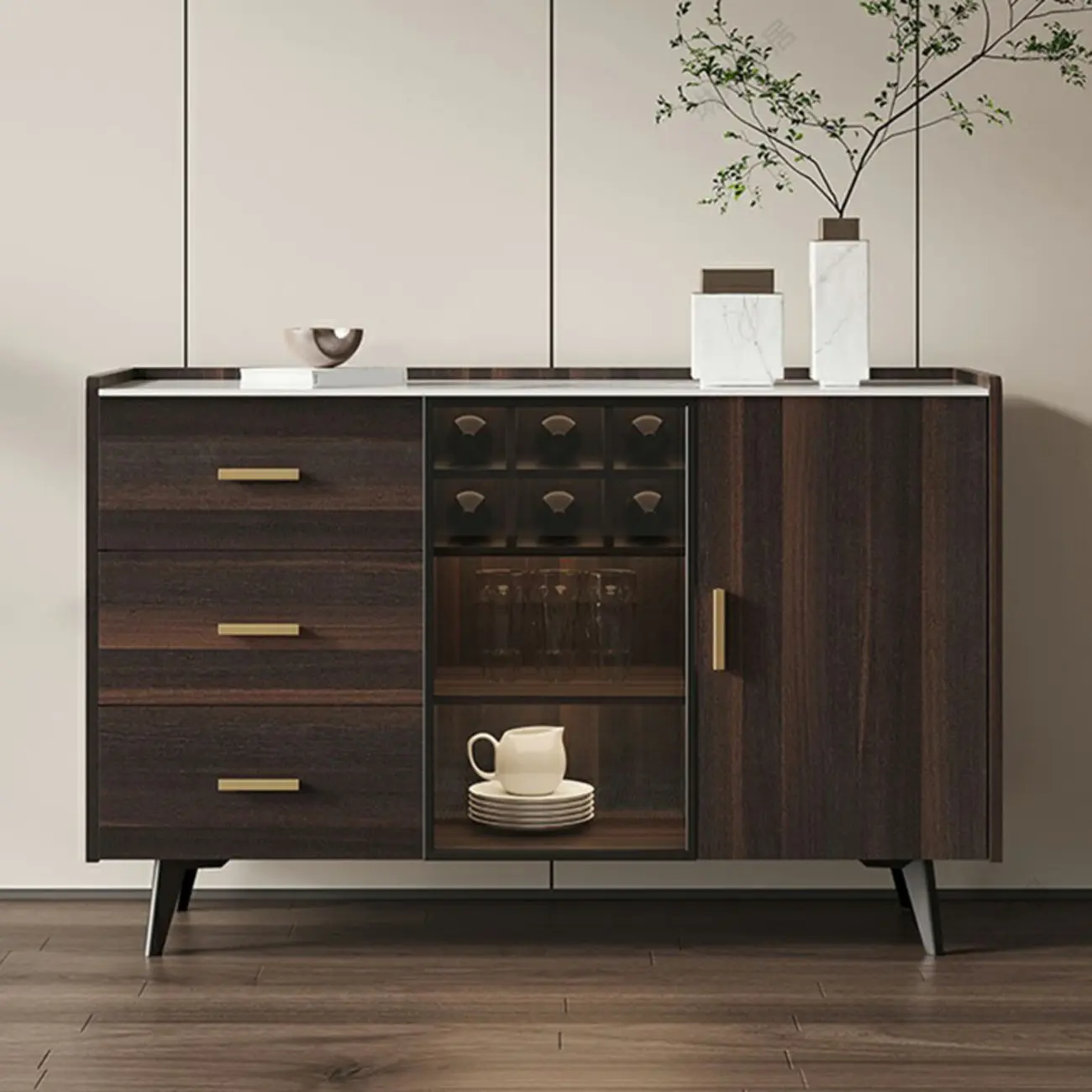 Modern Wooden Sideboard with Cabinets & Wine Rack Image - 5 | homeyfad