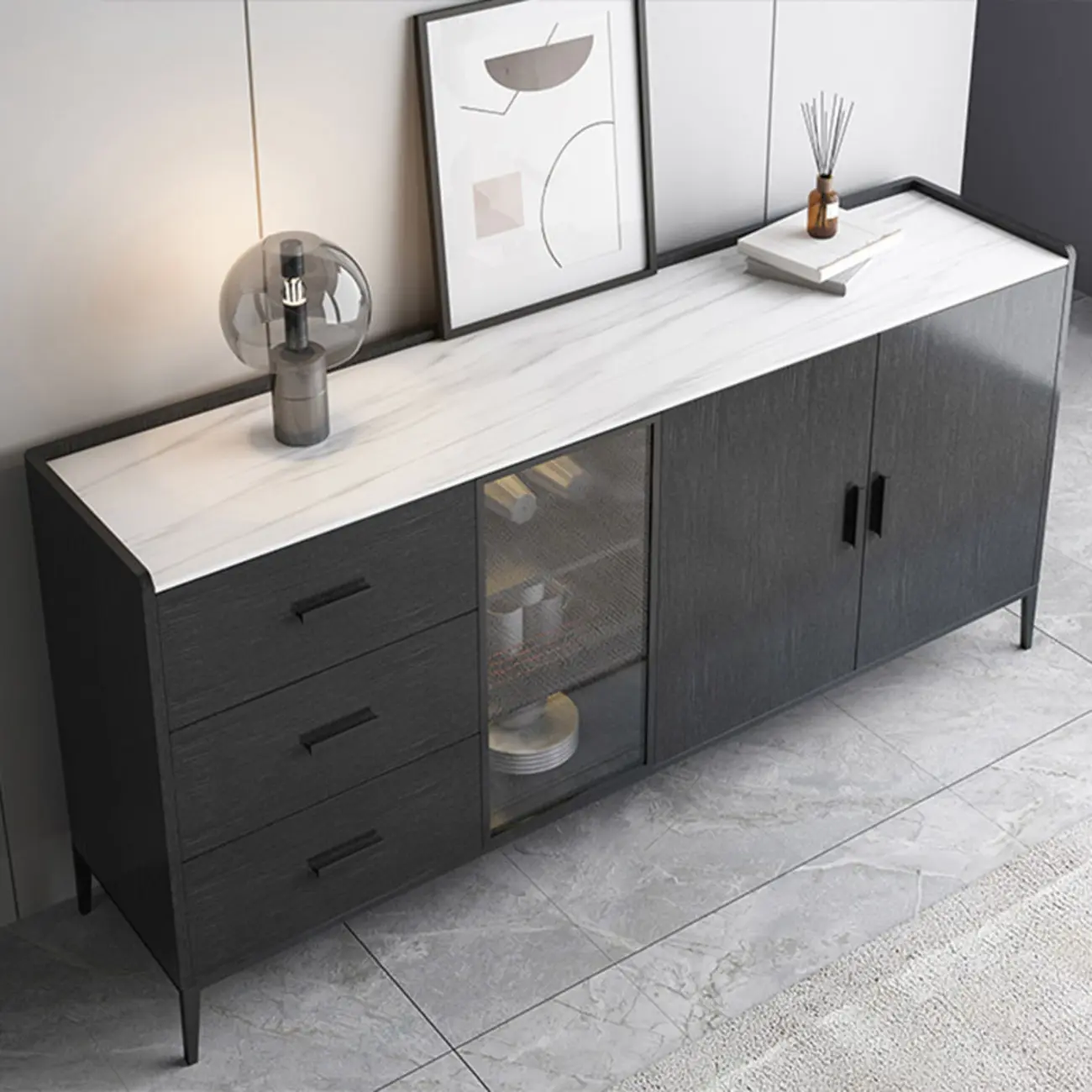 Modern Wooden Sideboard with Cabinets & Wine Rack Image - 6 | homeyfad