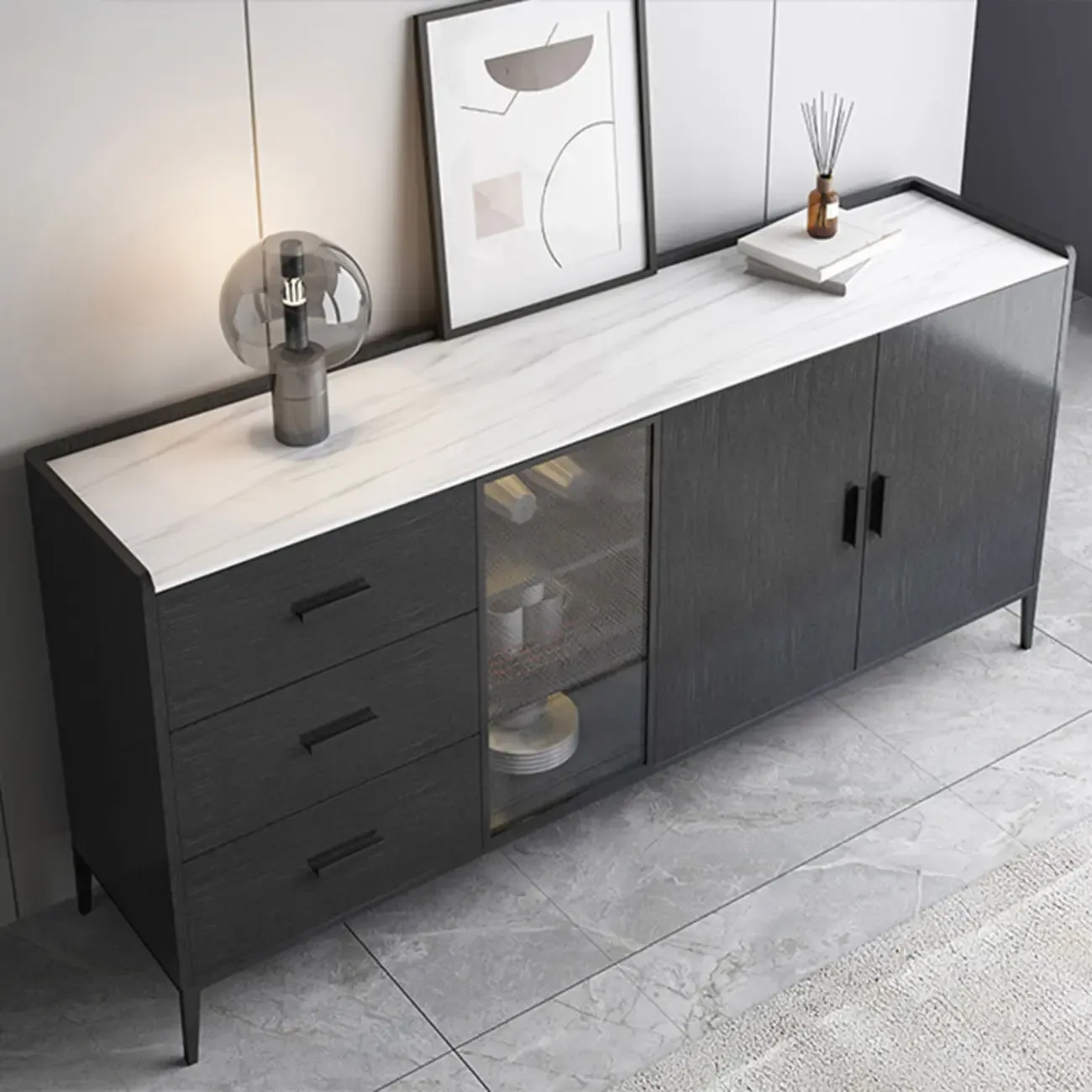 Modern Wooden Sideboard with Cabinets & Wine Rack Image - 6