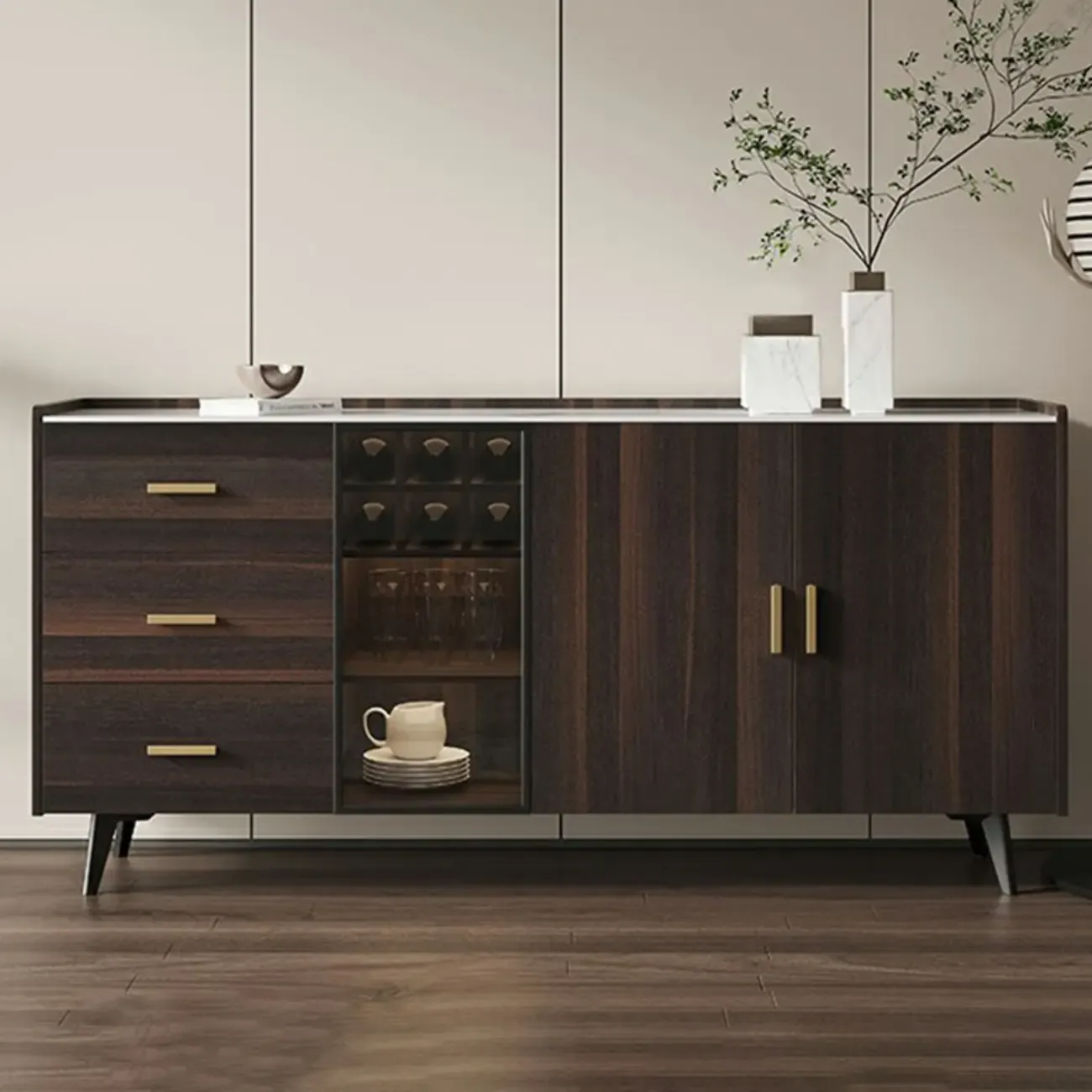 Modern Wooden Sideboard with Cabinets & Wine Rack Image - 7