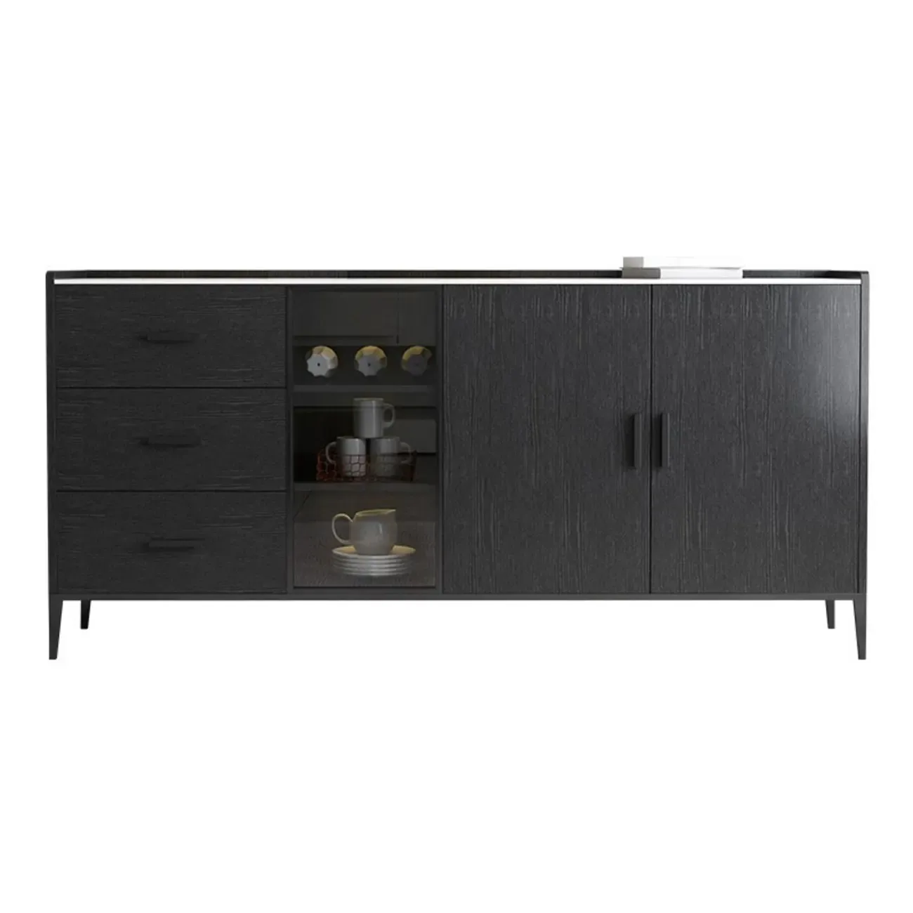 Modern Wooden Sideboard with Cabinets & Wine Rack Image - 9