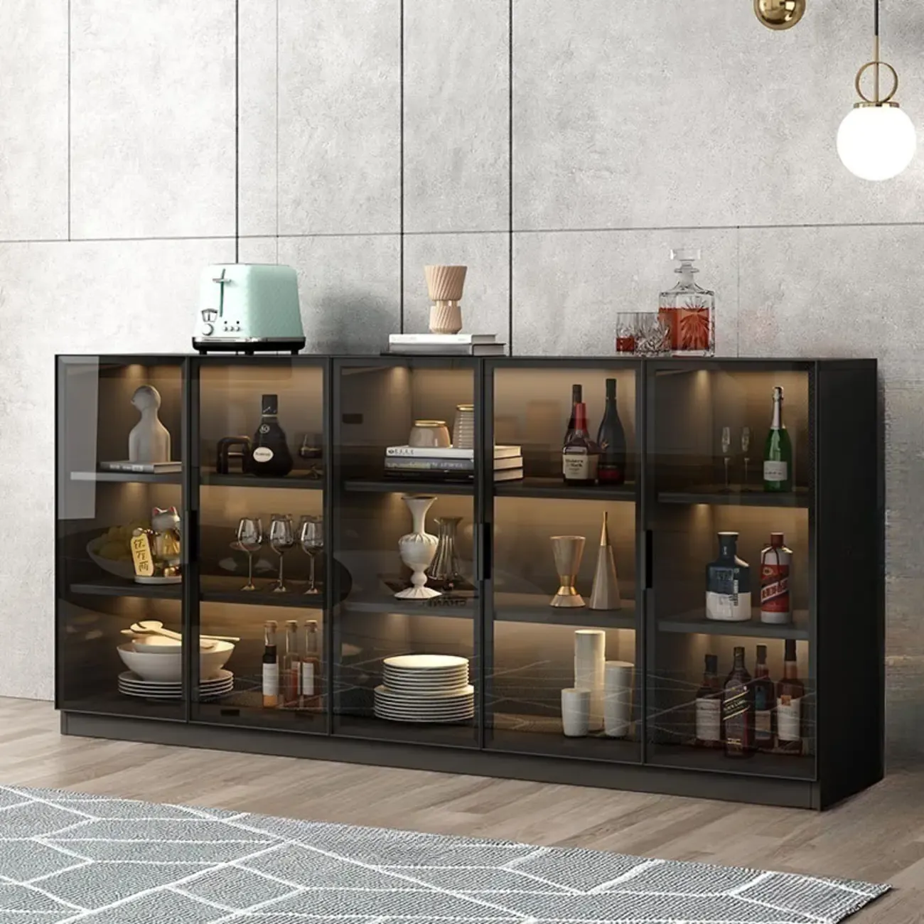 Modern Black Wooden Sideboard with Glass Doors & Drawers | HomeyFad