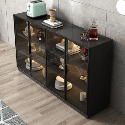 Modern Black Wooden Sideboard with Glass Doors Image - 2
