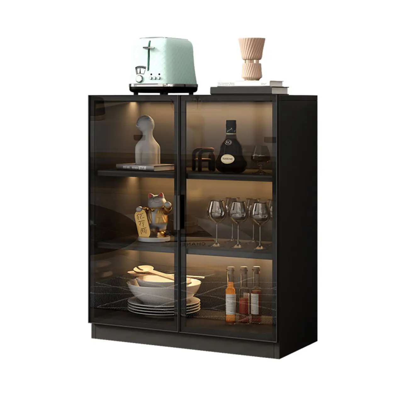 Modern Black Wooden Sideboard with Glass Doors Image - 3 | homeyfad