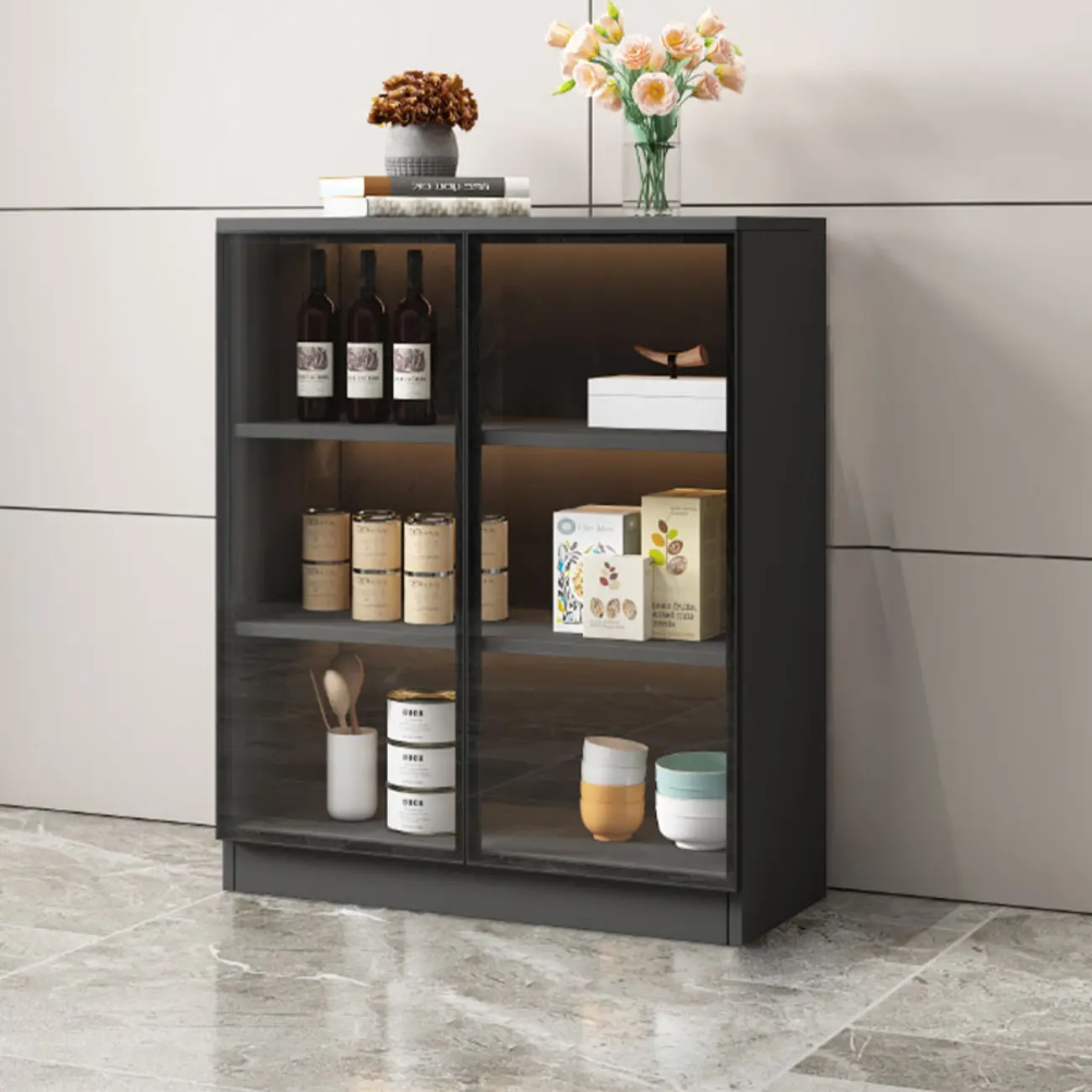 Modern Black Wooden Sideboard with Glass Doors Image - 4 | homeyfad