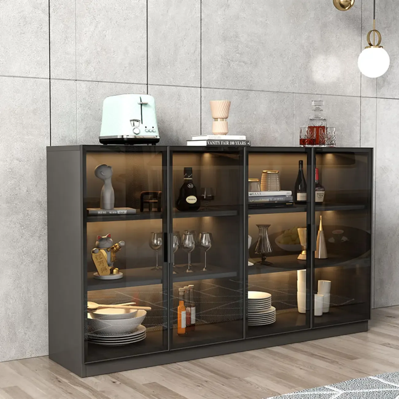 Modern Black Wooden Sideboard with Glass Doors Image - 5