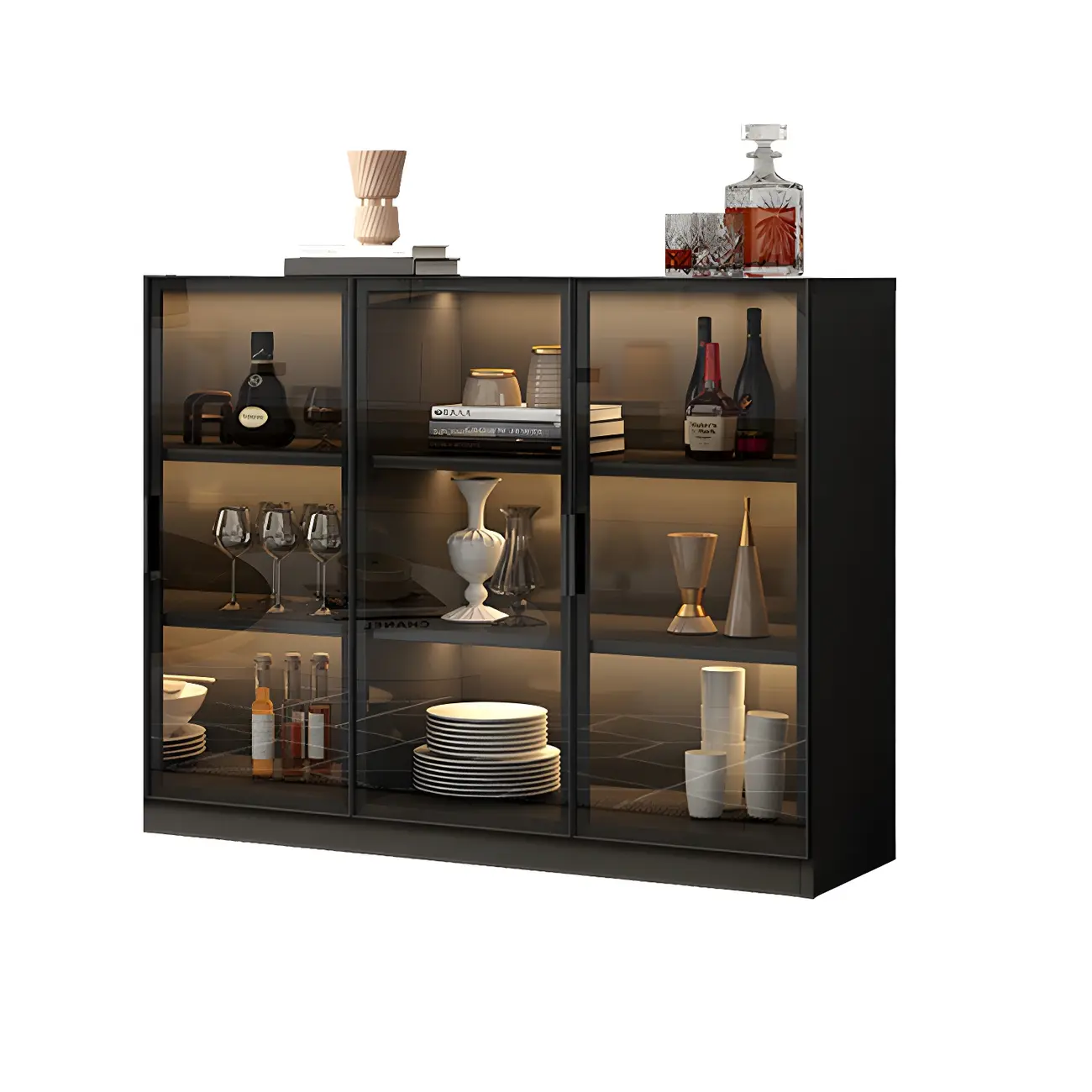 Modern Black Wooden Sideboard with Glass Doors Image - 6 | homeyfad