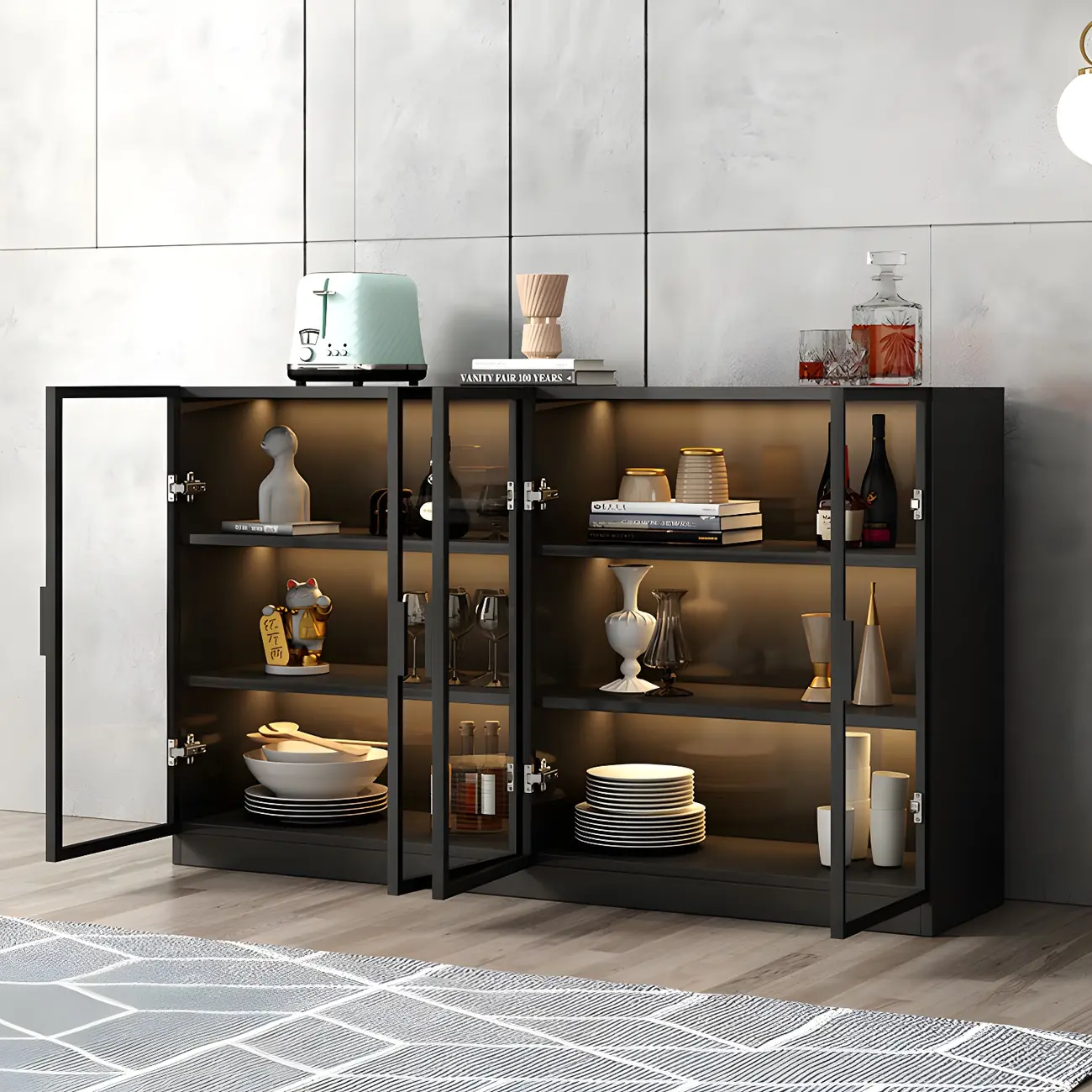 Modern Black Wooden Sideboard with Glass Doors Image - 7 | homeyfad