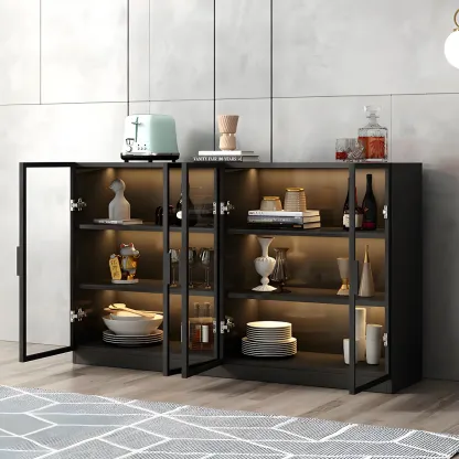 Modern Black Wooden Sideboard with Glass Doors Image - 7