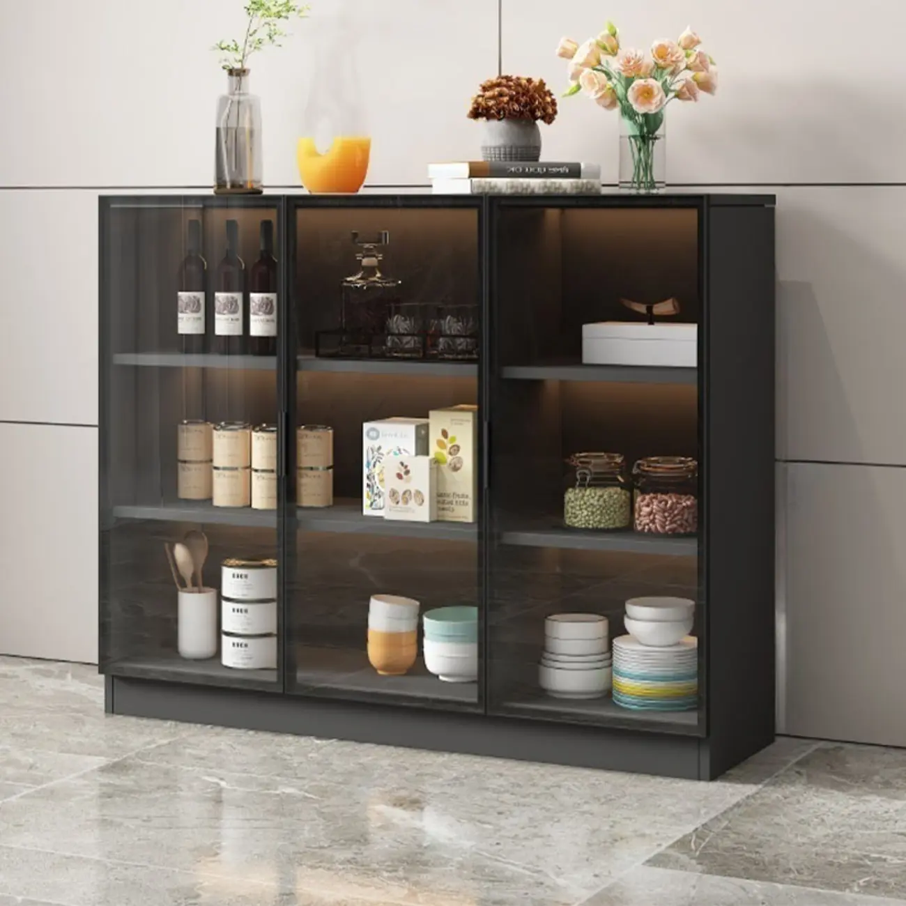 Modern Black Wooden Sideboard with Glass Doors Image - 8 | homeyfad
