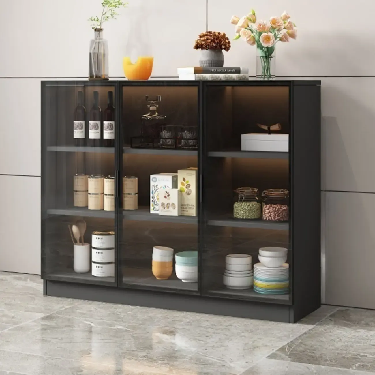 Modern Black Wooden Sideboard with Glass Doors Image - 8