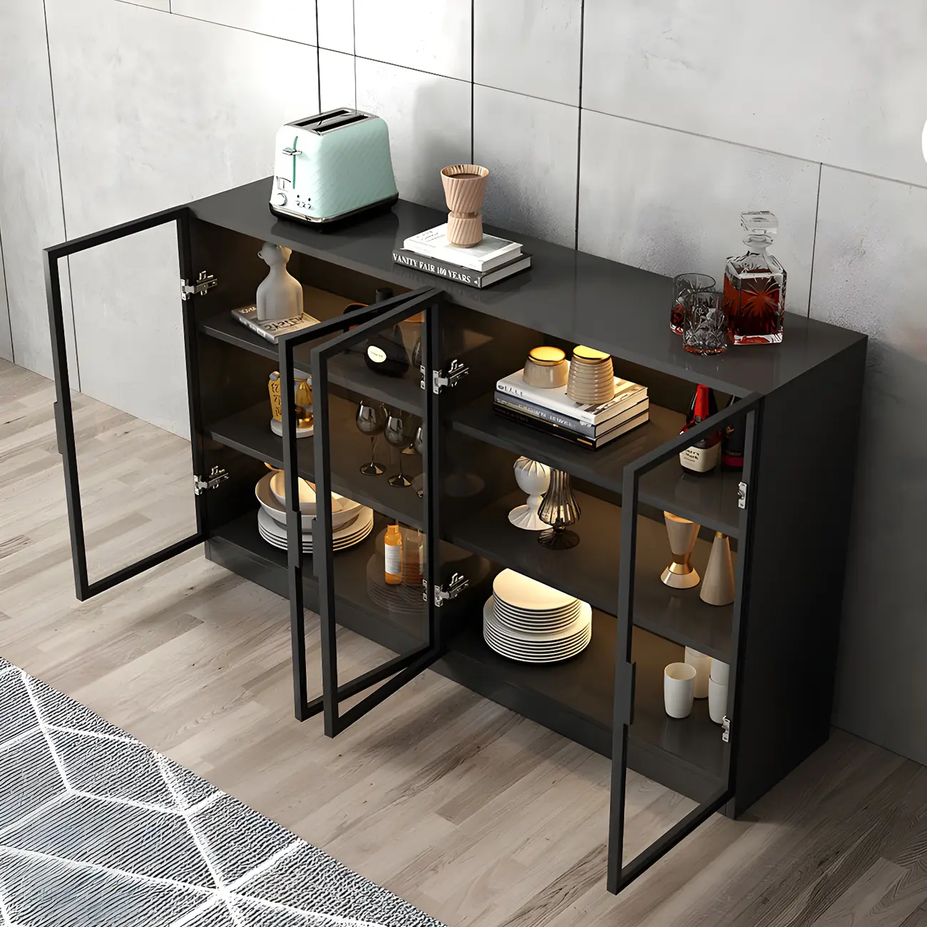 Modern Black Wooden Sideboard with Glass Doors Image - 9 | homeyfad