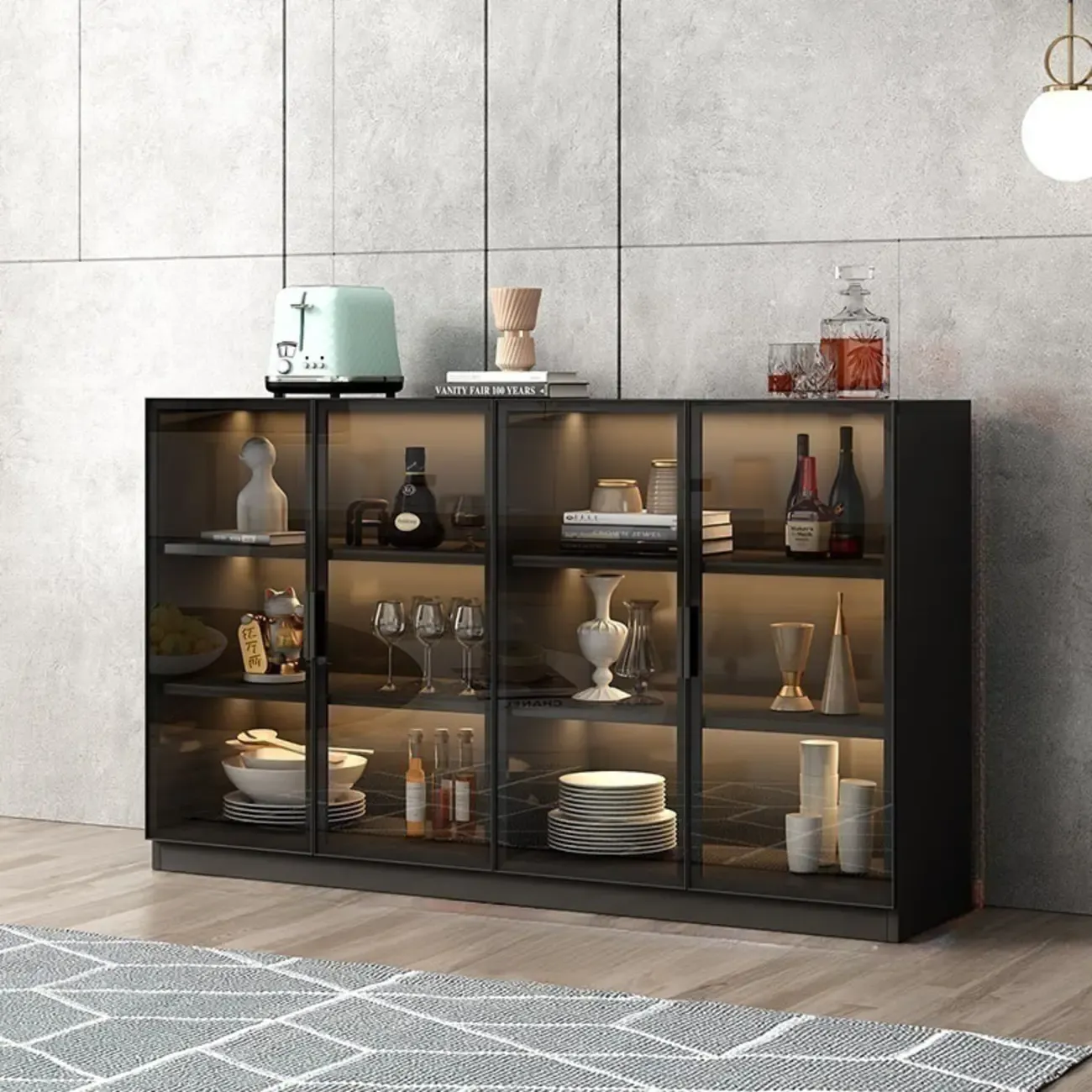 Modern Black Wooden Sideboard with Glass Doors Image - 10