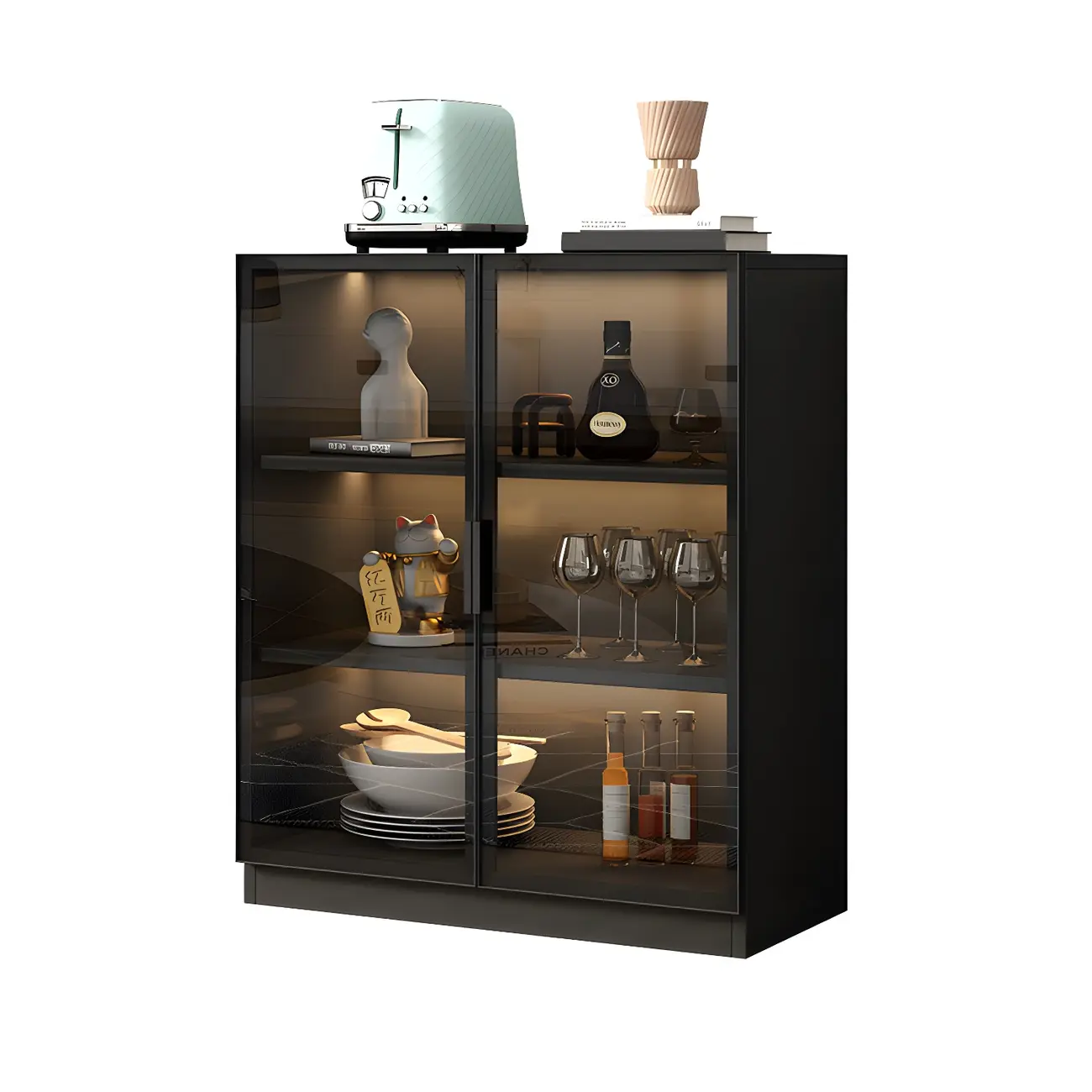 Modern Black Wooden Sideboard with Glass Doors Image - 11 | homeyfad