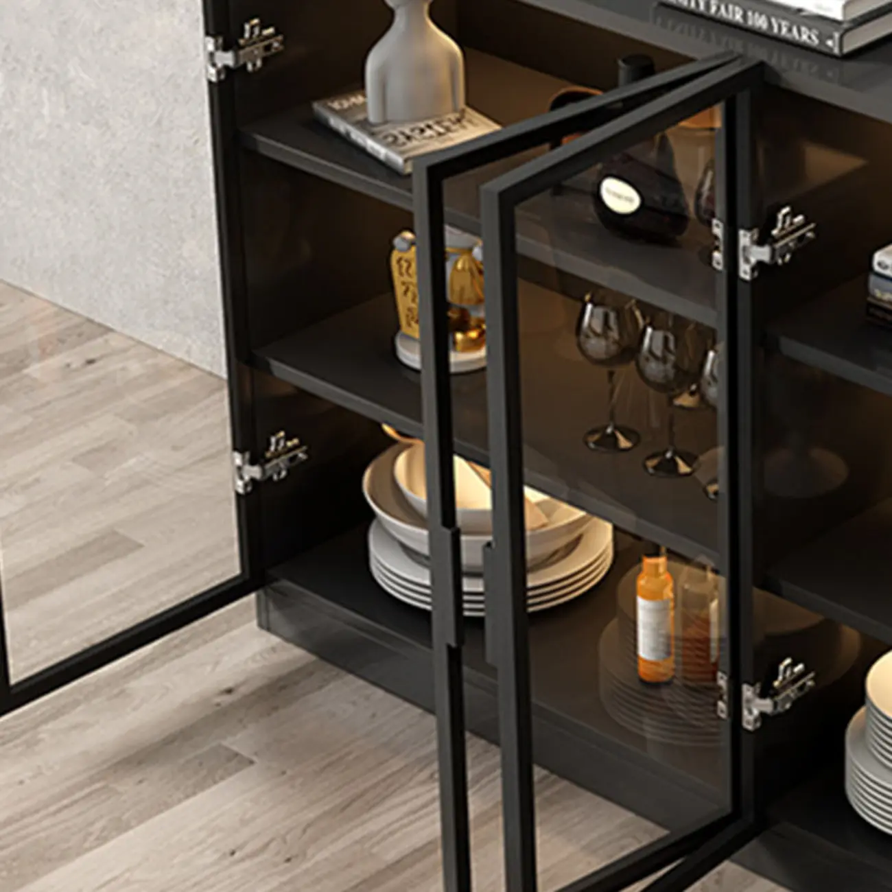 Modern Black Wooden Sideboard with Glass Doors Image - 14 | homeyfad