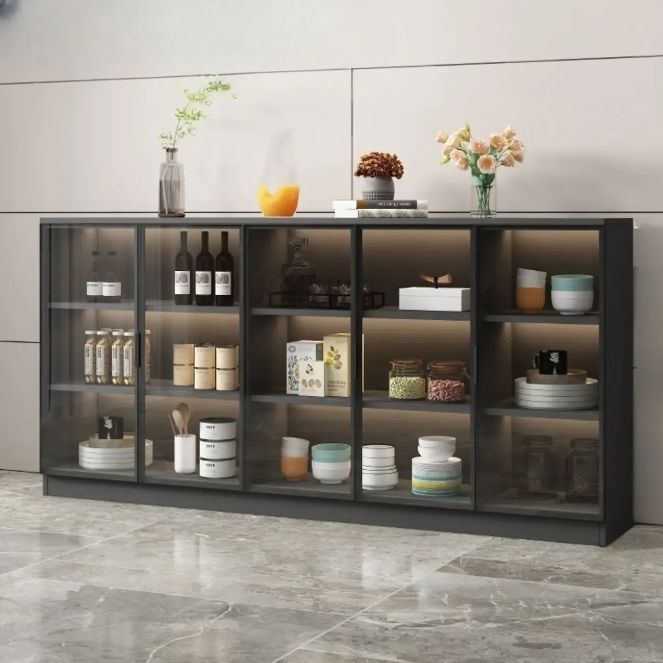 Modern Black Wooden Sideboard with Glass Doors Image - 15