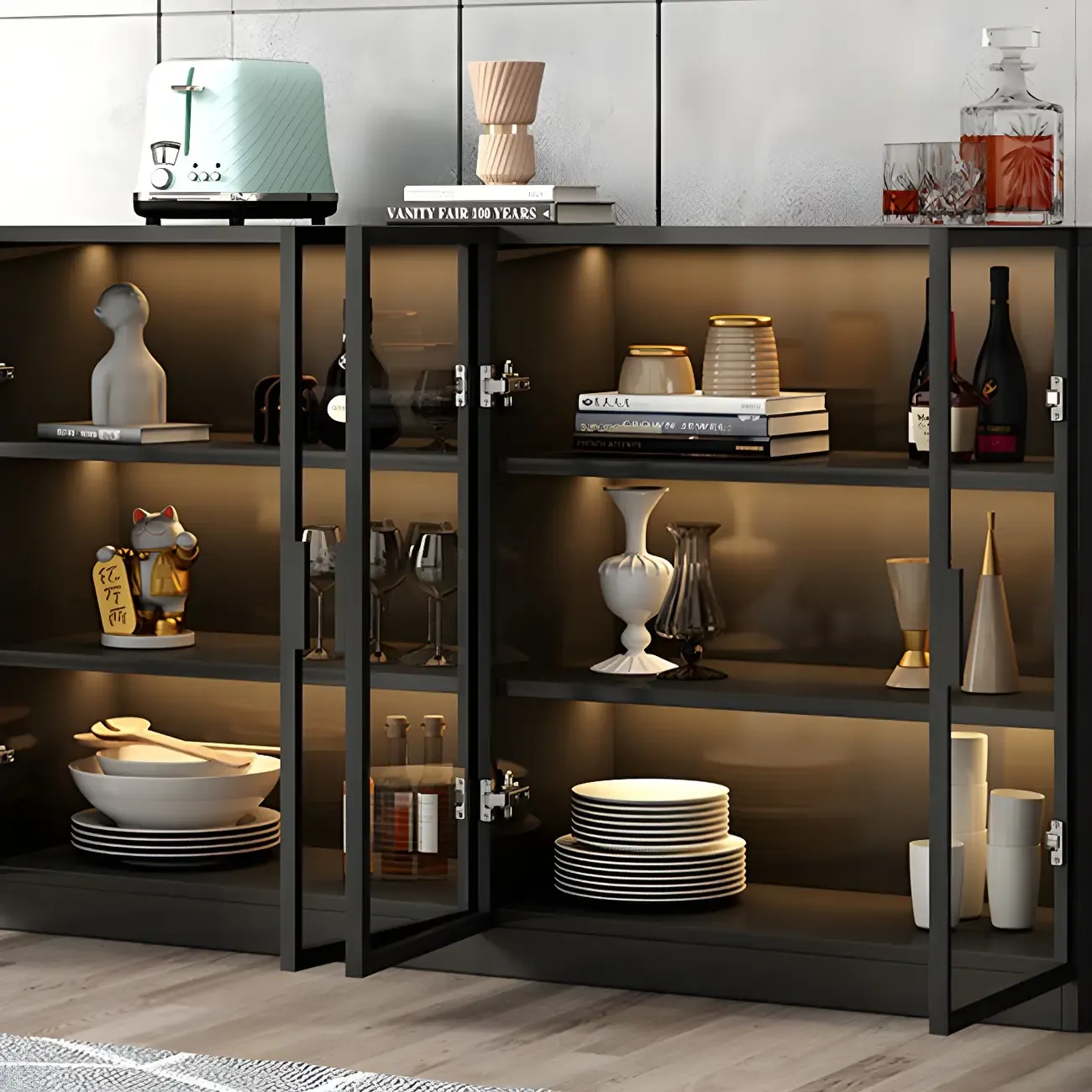 Modern Black Wooden Sideboard with Glass Doors Image - 16