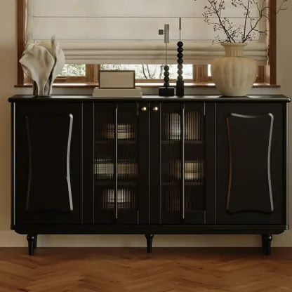 Elegant Black Wooden Buffet Table with Shelves Image - 1