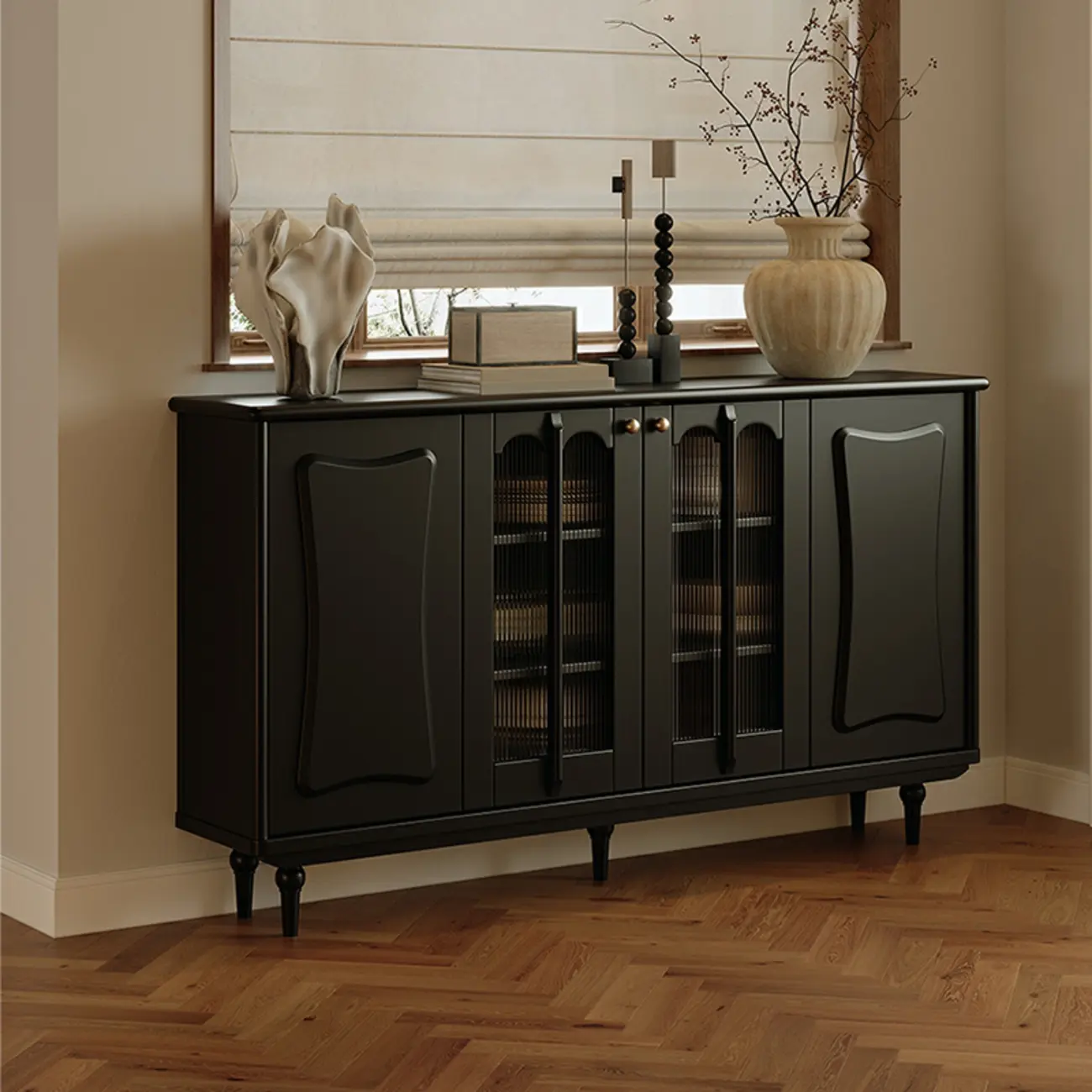 Elegant Black Wooden Buffet Table with Shelves Image - 3 | homeyfad