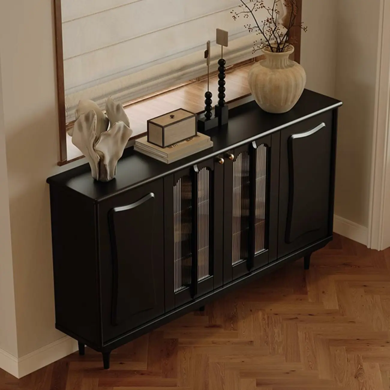 Elegant Black Wooden Buffet Table with Shelves Image - 6 | homeyfad