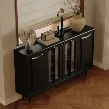 Elegant Black Wooden Buffet Table with Shelves Image - 6