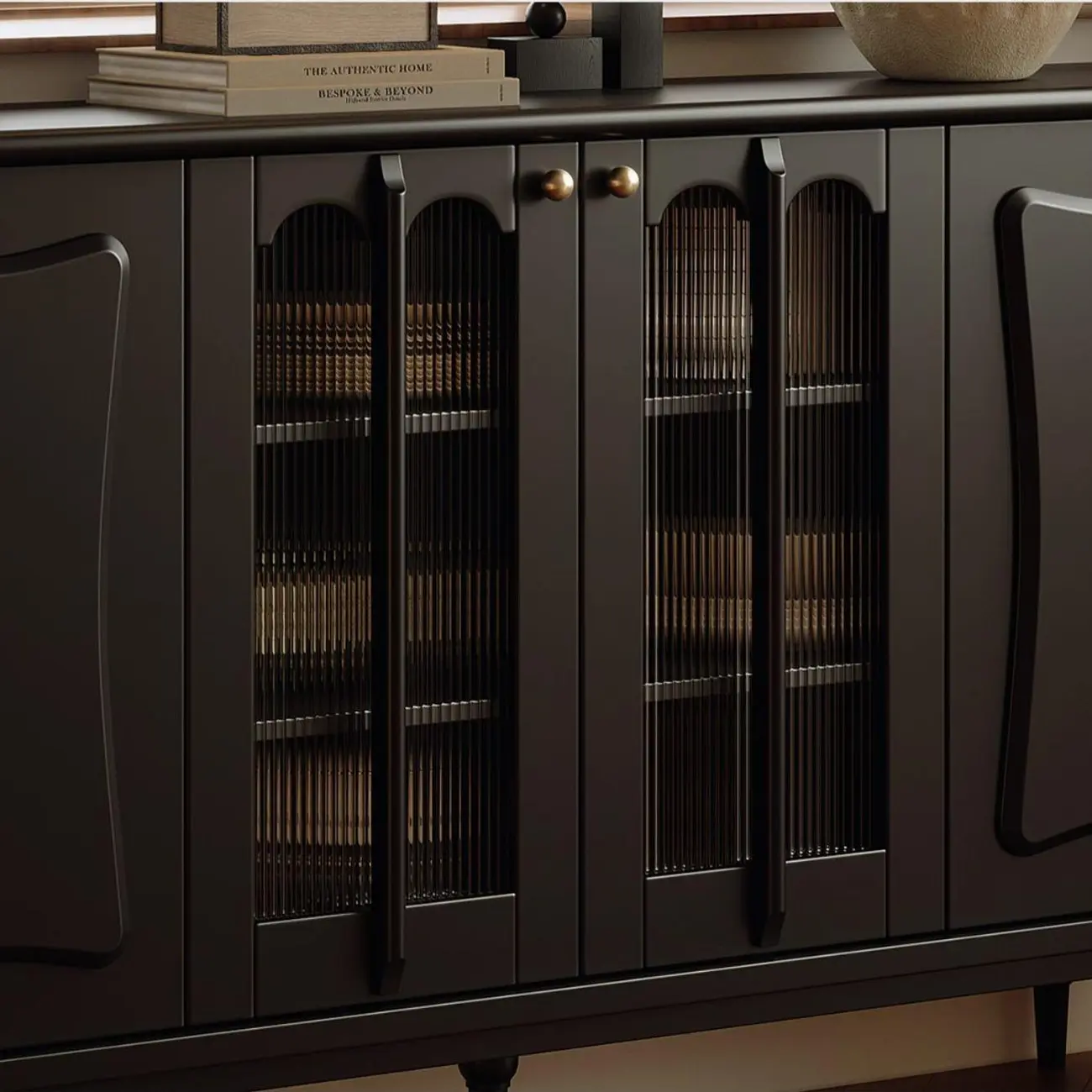 Elegant Black Wooden Buffet Table with Shelves Image - 8 | homeyfad