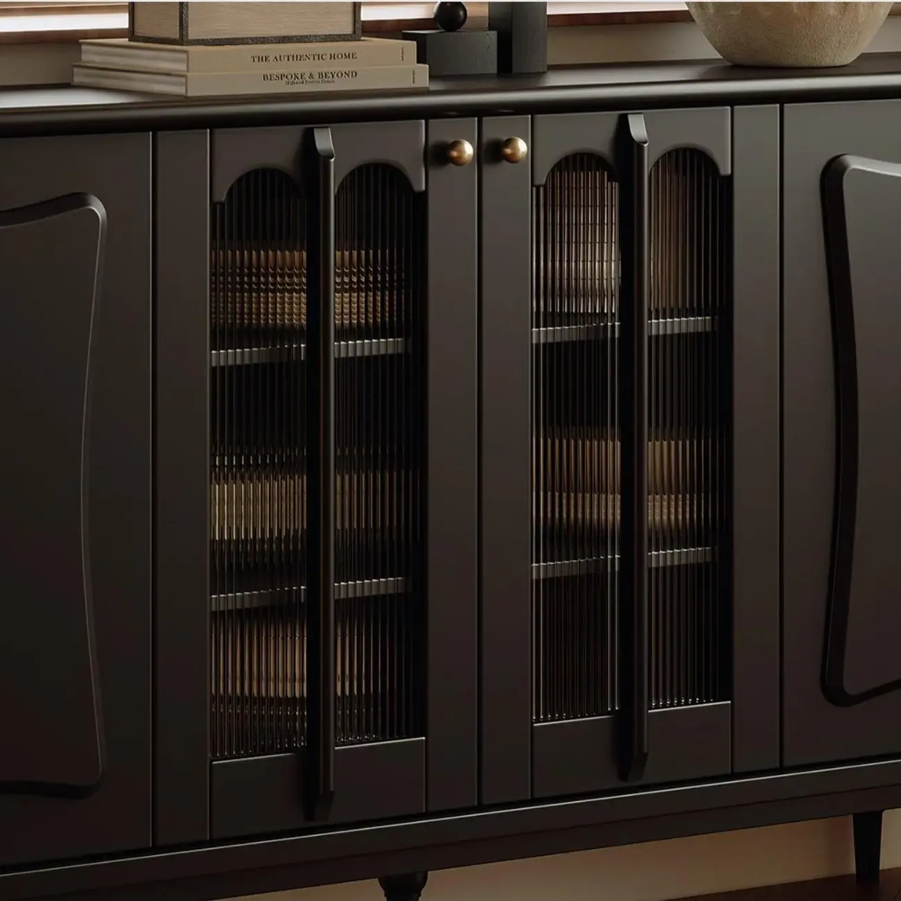 Elegant Black Wooden Buffet Table with Shelves Image - 8