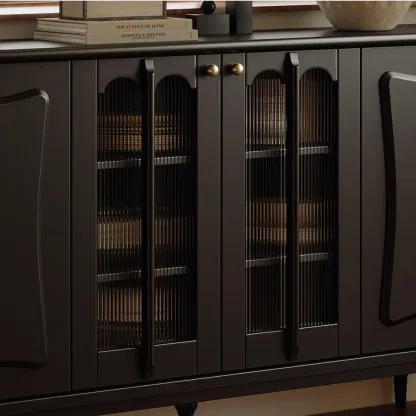 Elegant Black Wooden Buffet Table with Shelves Image - 8