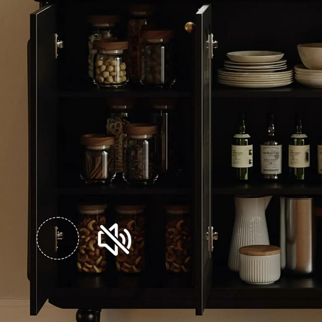 Elegant Black Wooden Buffet Table with Shelves Image - 11