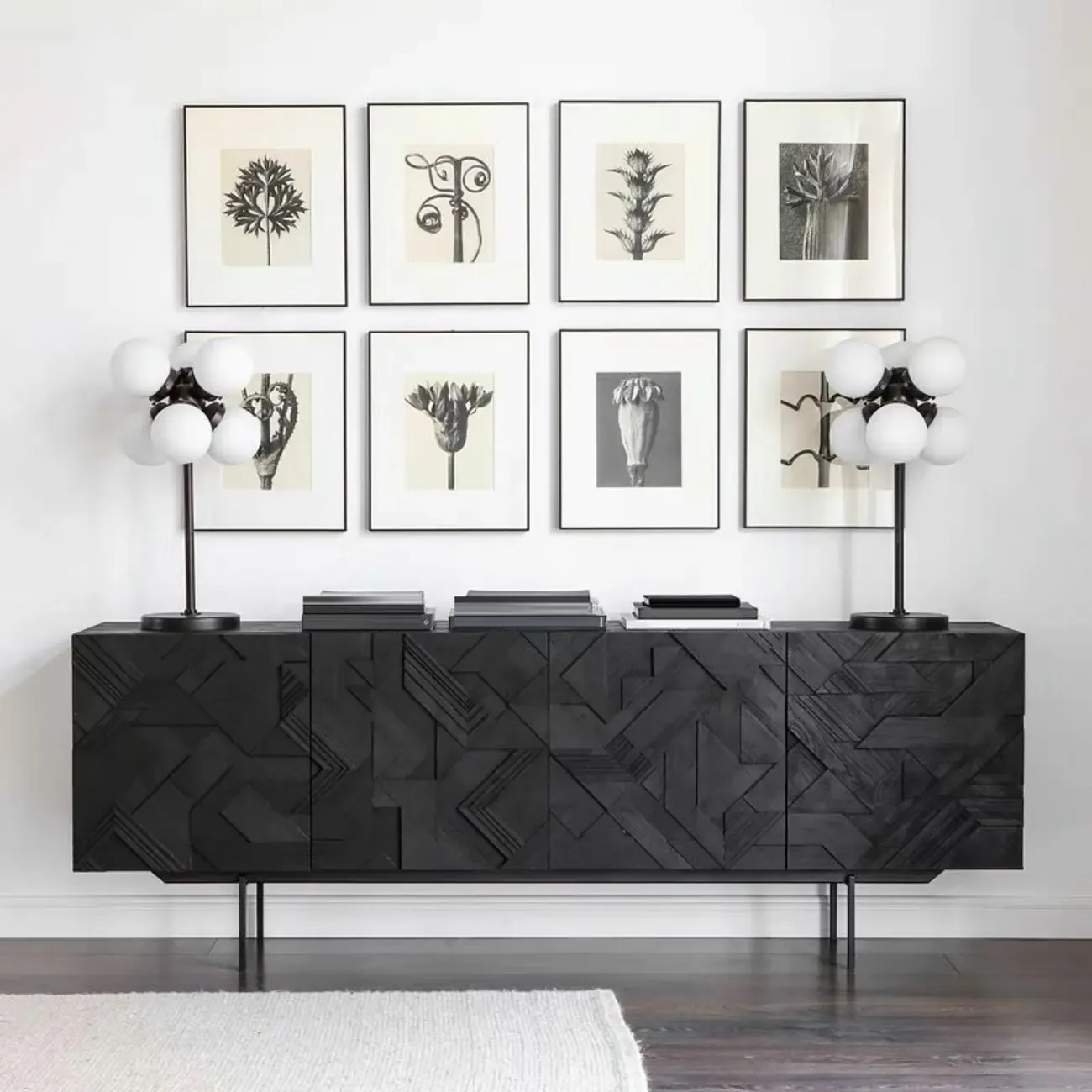 Modern Black Geometric Wooden Buffet Table with Cabinets Image - 1