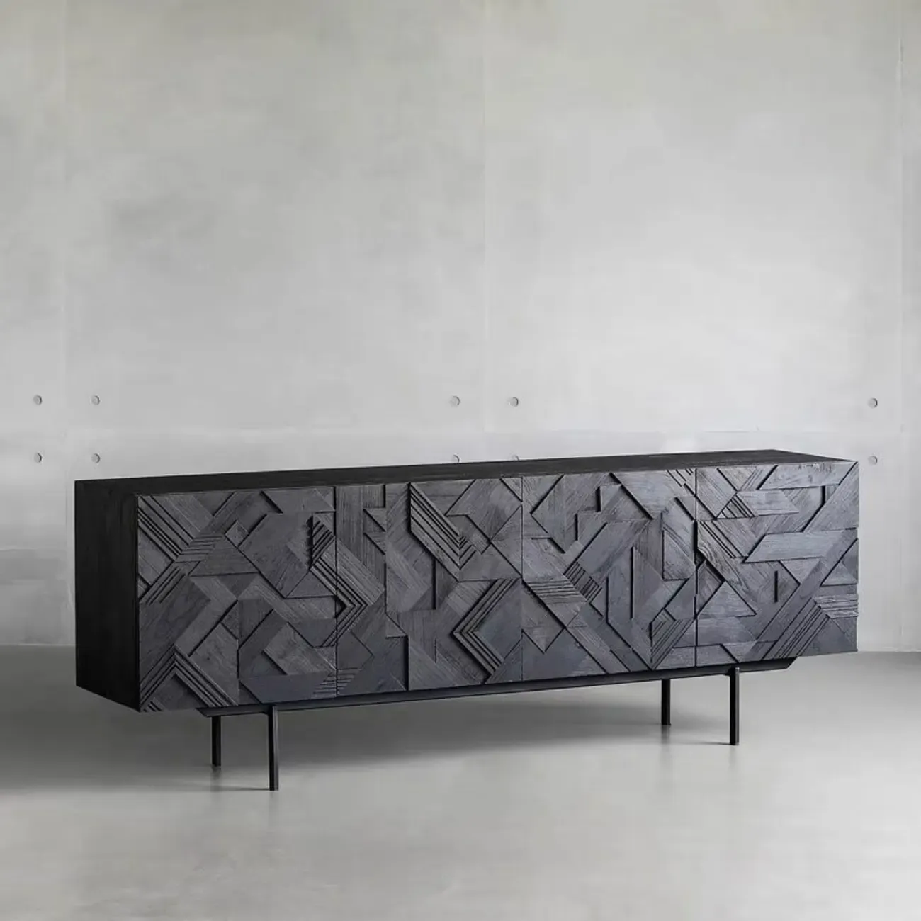 Modern Black Geometric Wooden Buffet Table with Cabinets Image - 2