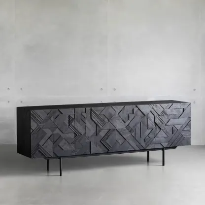 Modern Black Geometric Wooden Buffet Table with Cabinets Image - 2