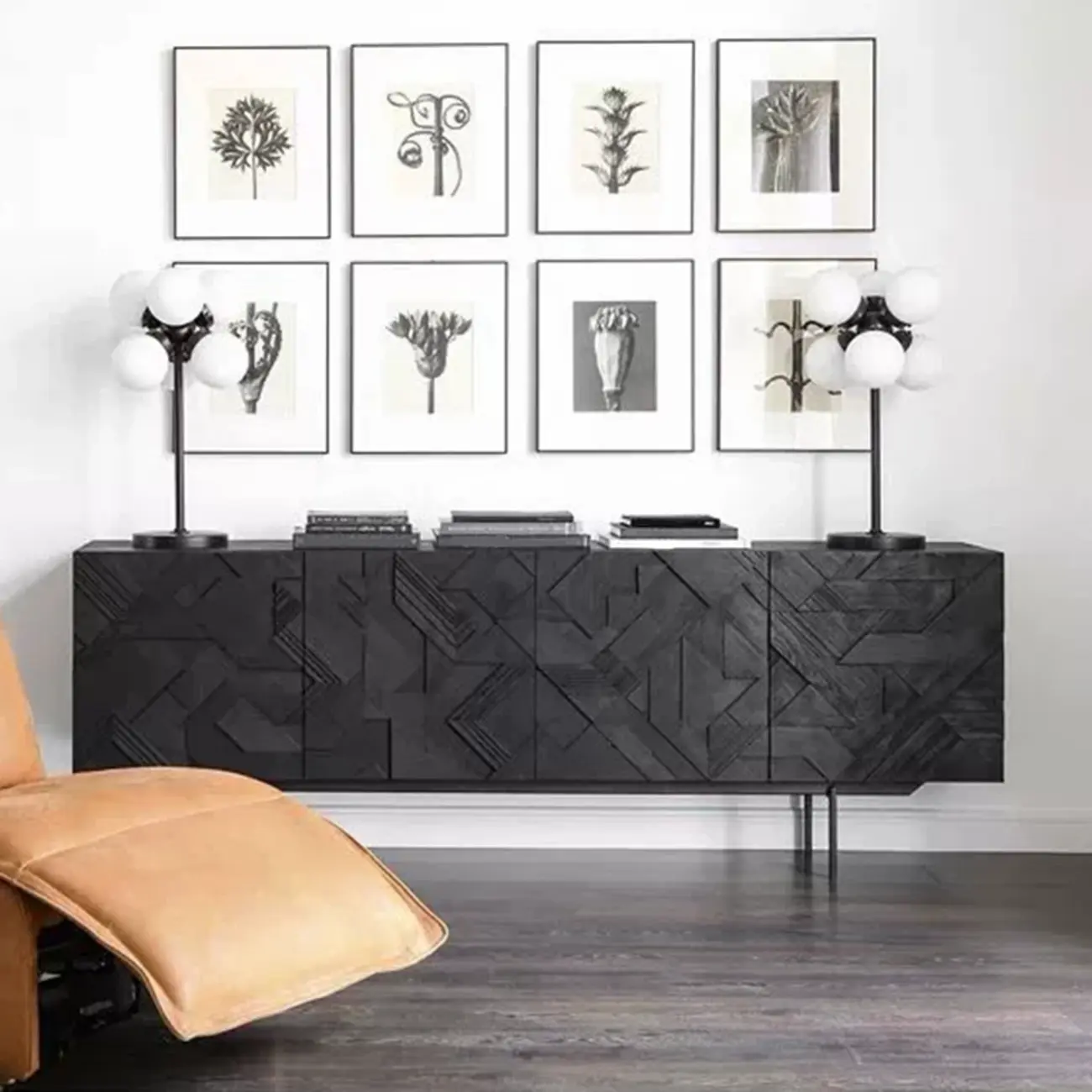 Modern Black Geometric Wooden Buffet Table with Cabinets Image - 3 | homeyfad