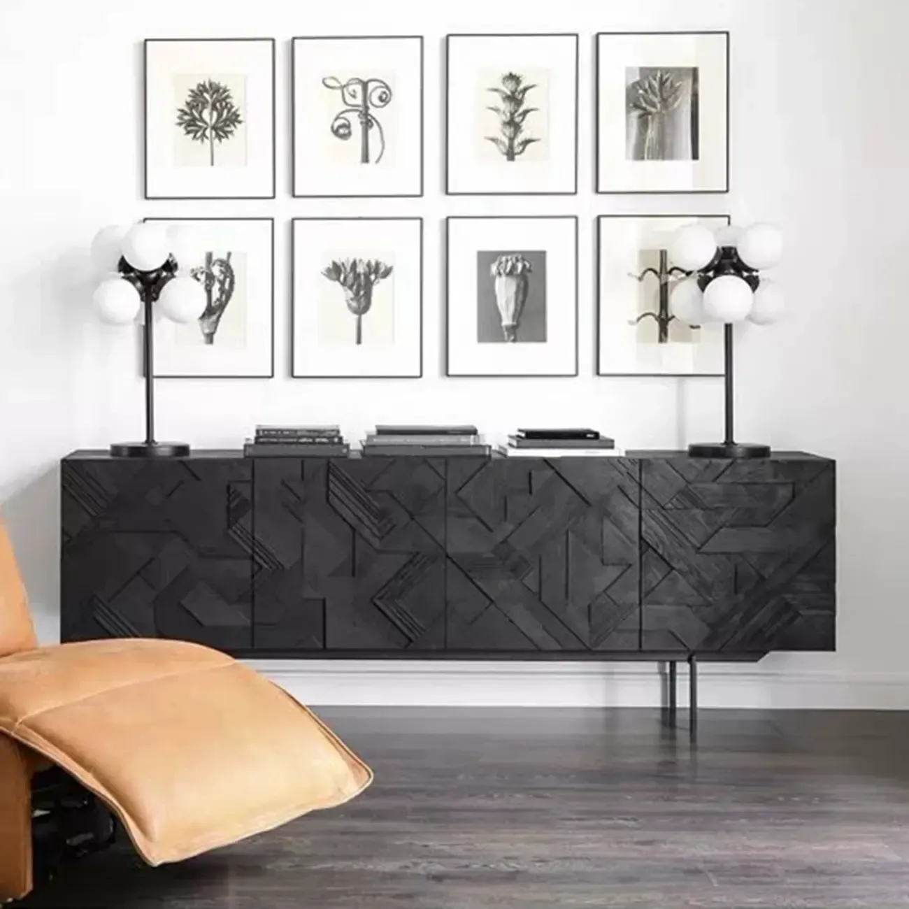 Modern Black Geometric Wooden Buffet Table with Cabinets Image - 3