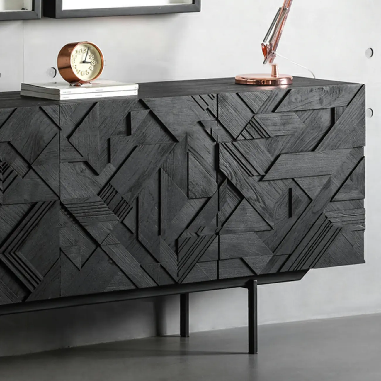 Modern Black Geometric Wooden Buffet Table with Cabinets Image - 6 | homeyfad