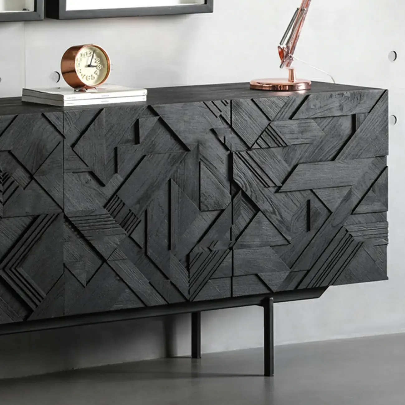 Modern Black Geometric Wooden Buffet Table with Cabinets Image - 6