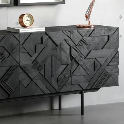 Modern Black Geometric Wooden Buffet Table with Cabinets Image - 6