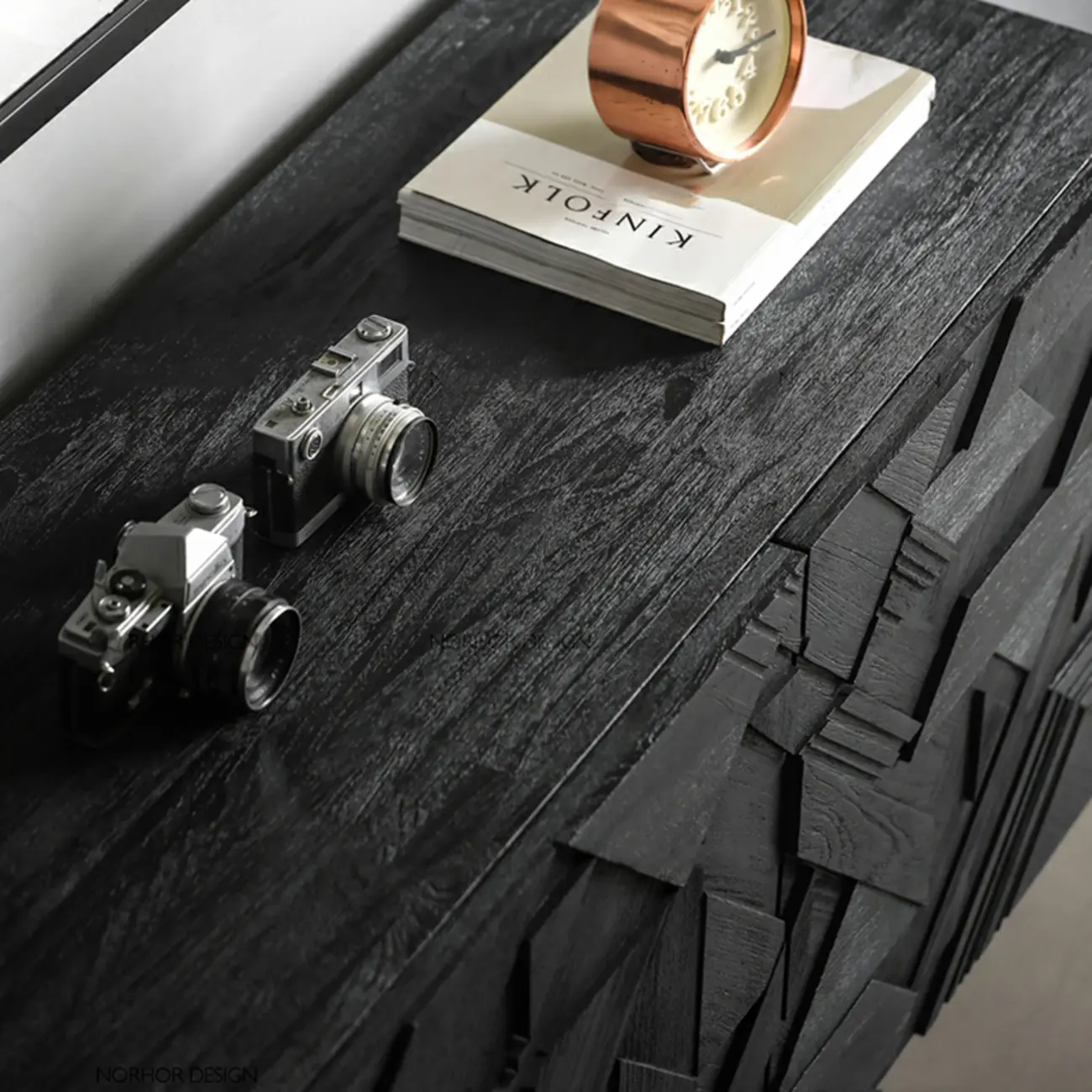 Modern Black Geometric Wooden Buffet Table with Cabinets Image - 7 | homeyfad