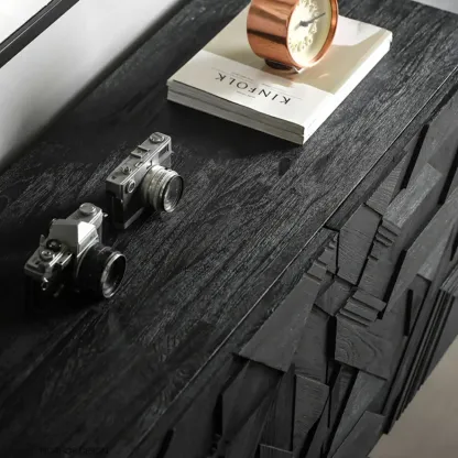 Modern Black Geometric Wooden Buffet Table with Cabinets Image - 7